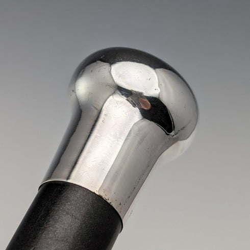 1925 British Vintage Men's Walking Stick, Sterling Silver, Round Handle, Black Shaft, 91cm, J Howell